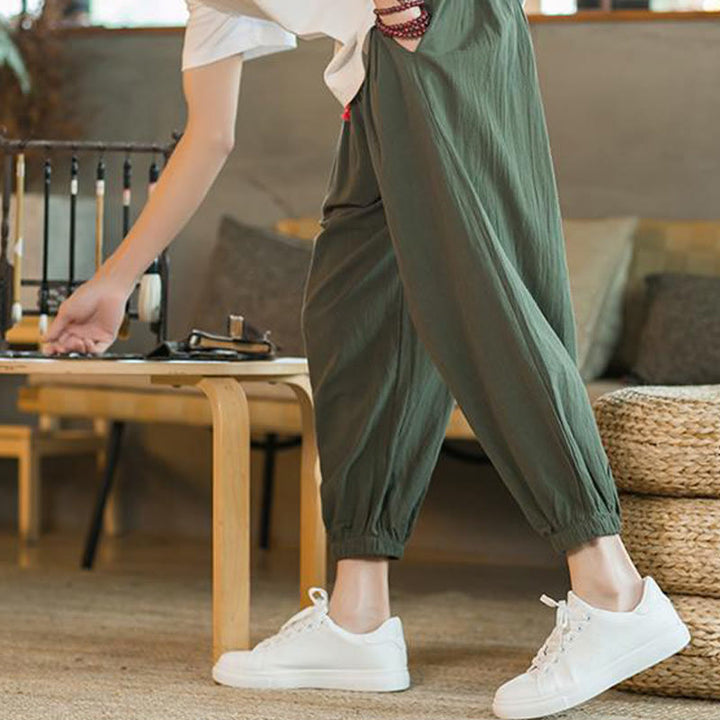 Pantalones de lino con cordón ajustable en color rojo liso y bolsillos para hombre con Buddha Stones - image 9