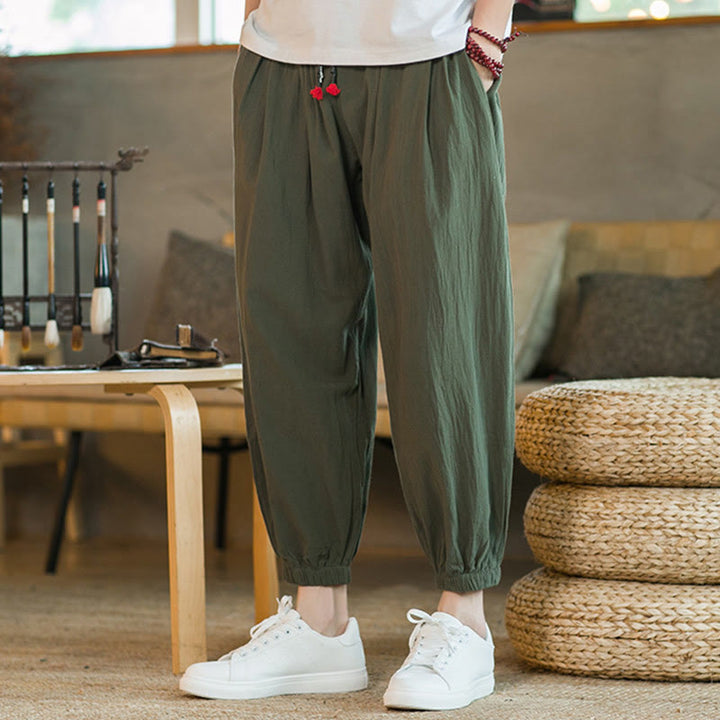 Pantalones de lino con cordón ajustable en color rojo liso y bolsillos para hombre con Buddha Stones - image 2