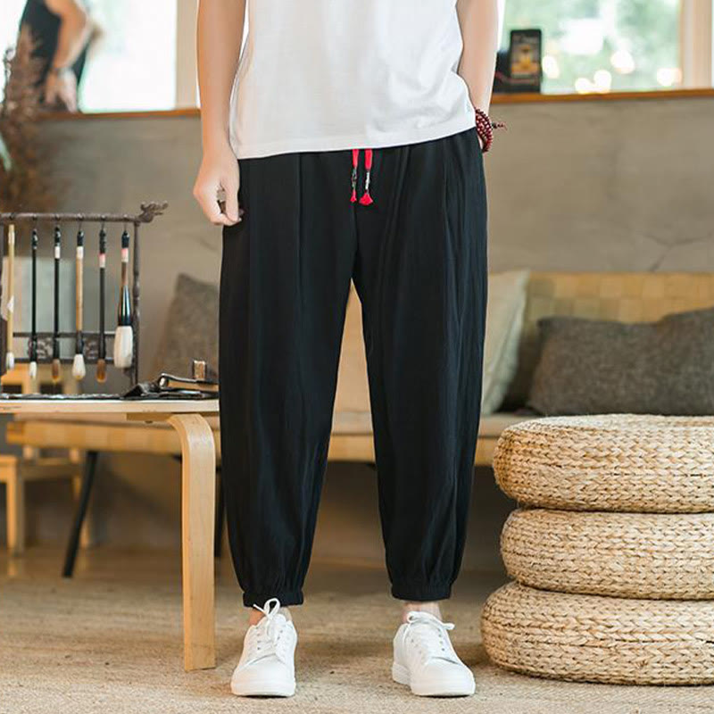Pantalones de lino con cordón ajustable en color rojo liso y bolsillos para hombre con Buddha Stones - Negro - US/UK/AU46, EU56 (5XL)  - image 12