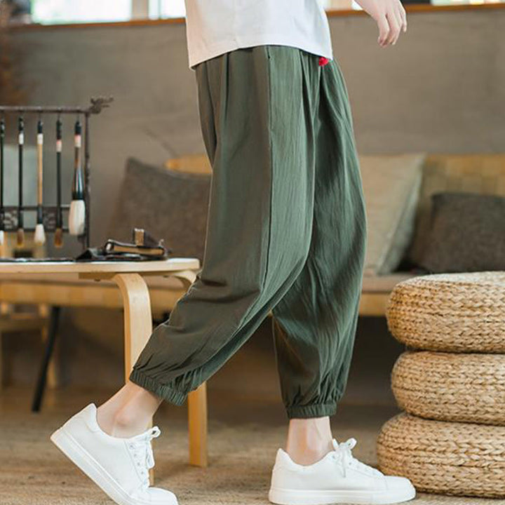 Pantalones de lino con cordón ajustable en color rojo liso y bolsillos para hombre con Buddha Stones - image 7