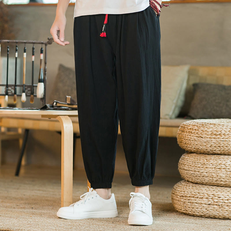 Pantalones de lino con cordón ajustable en color rojo liso y bolsillos para hombre con Buddha Stones - image 14