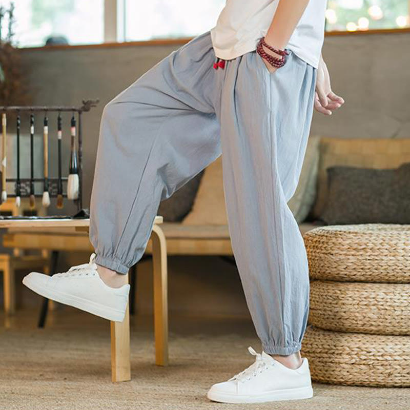 Pantalones de lino con cordón ajustable en color rojo liso y bolsillos para hombre con Buddha Stones - image 25