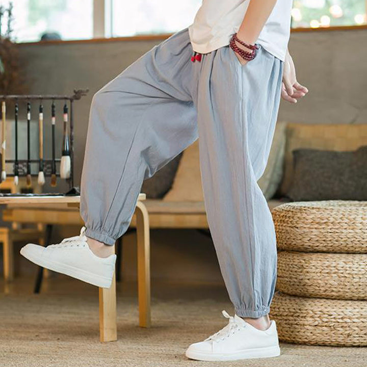 Pantalones de lino con cordón ajustable en color rojo liso y bolsillos para hombre con Buddha Stones - image 25