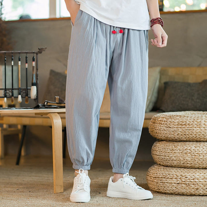 Pantalones de lino con cordón ajustable en color rojo liso y bolsillos para hombre con Buddha Stones - image 24