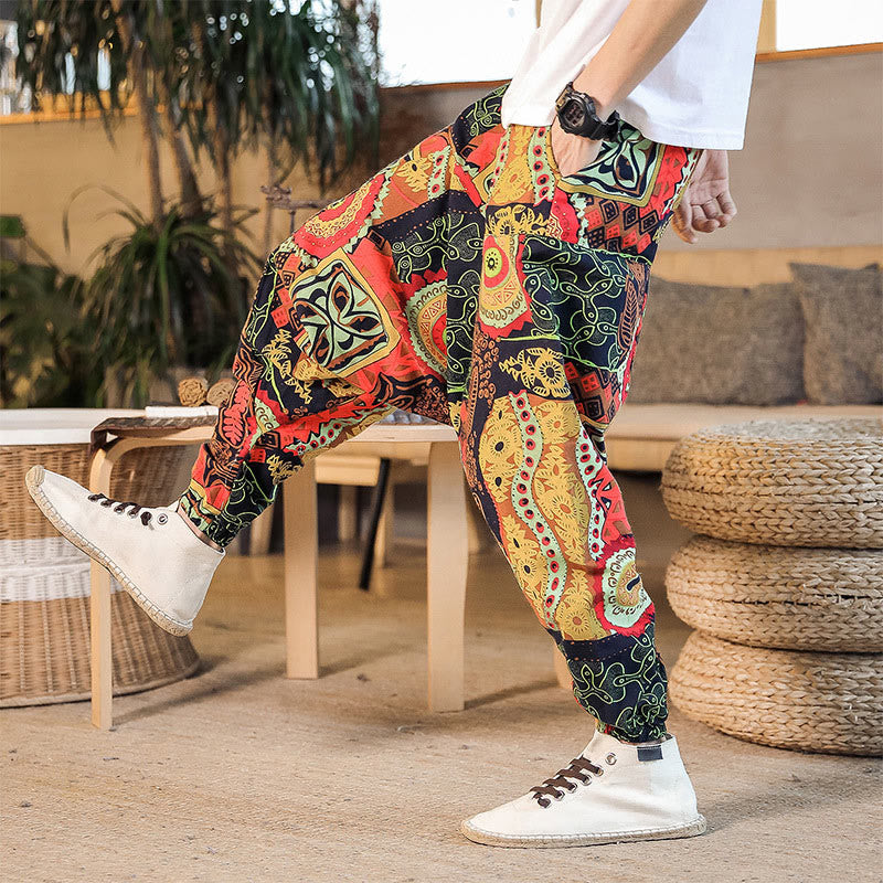 Pantalones harén de algodón con estampado de hojas en color dorado y rojo con Buddha Stones y bolsillos para hombre - image 1