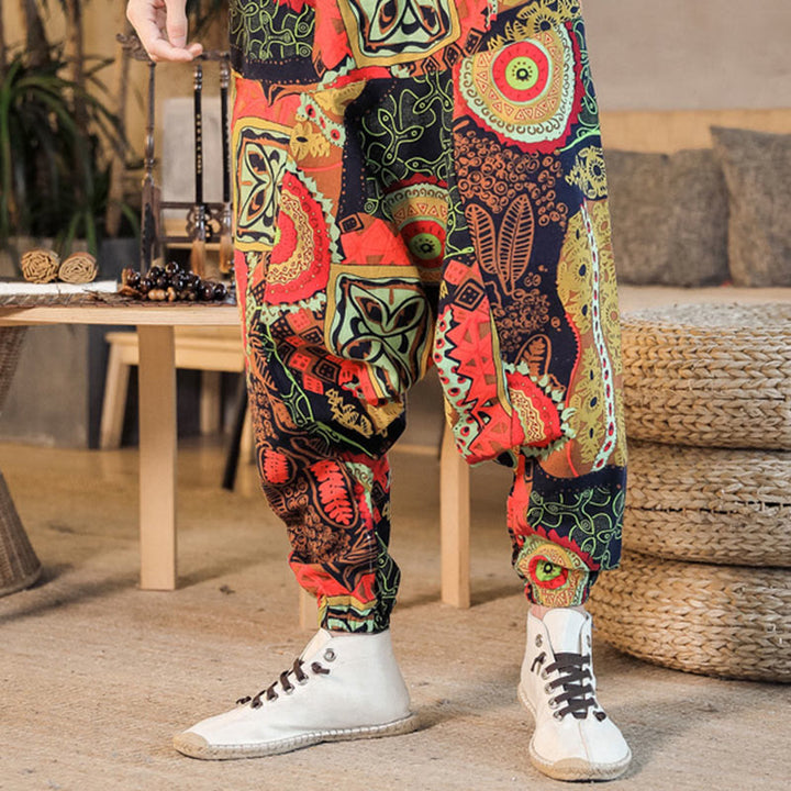 Pantalones harén de algodón con estampado de hojas en color dorado y rojo con Buddha Stones y bolsillos para hombre - image 5