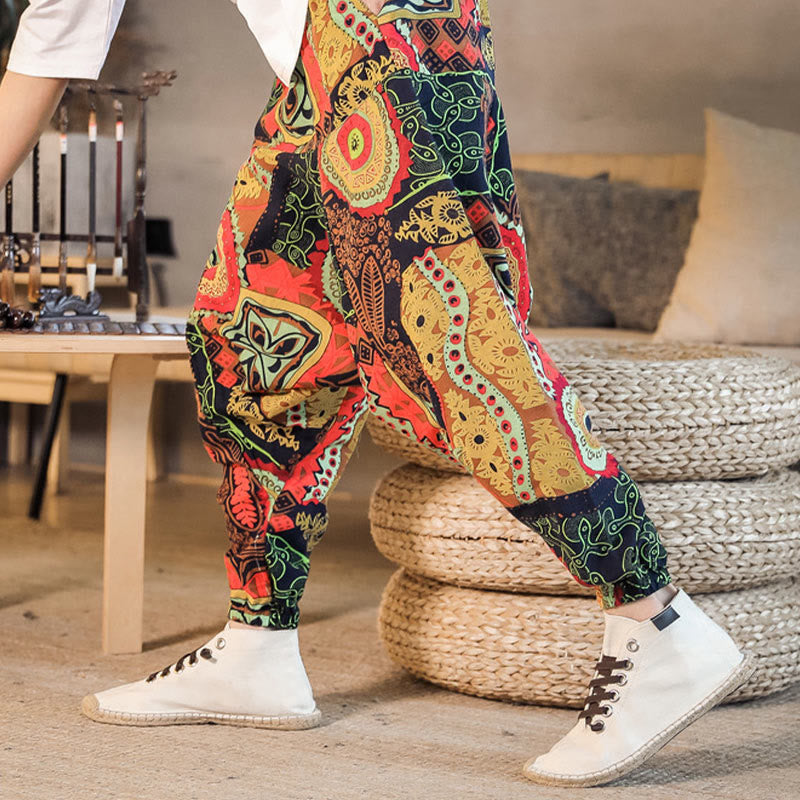 Pantalones harén de algodón con estampado de hojas en color dorado y rojo con Buddha Stones y bolsillos para hombre - image 2