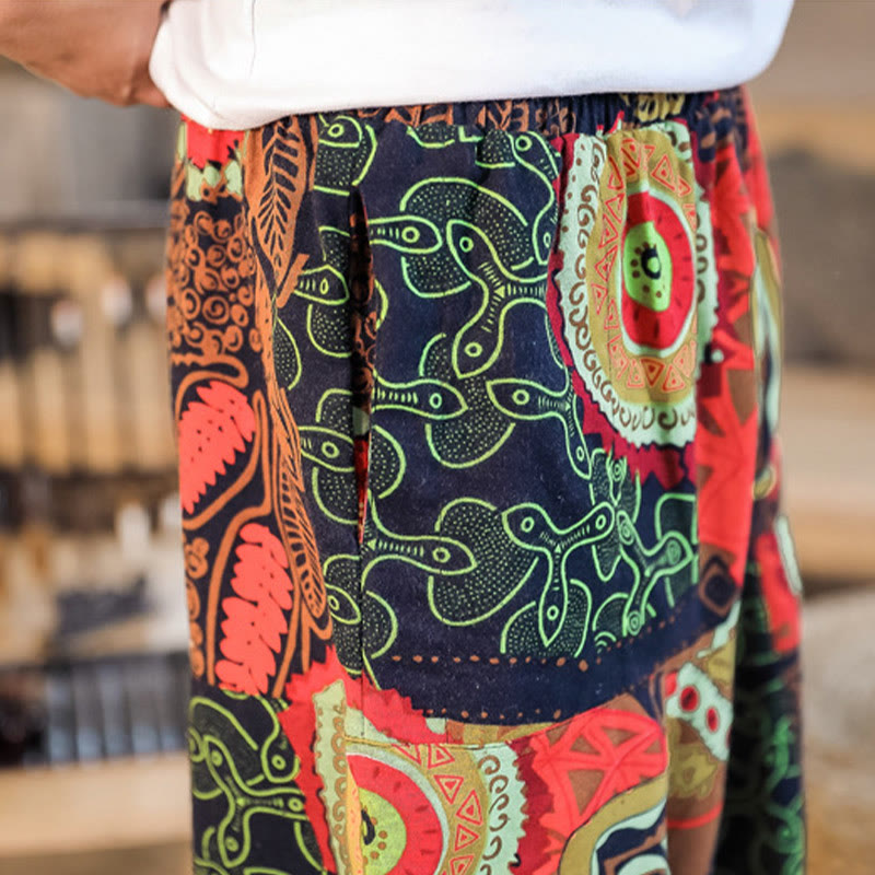 Pantalones harén de algodón con estampado de hojas en color dorado y rojo con Buddha Stones y bolsillos para hombre - image 8