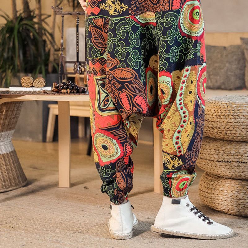 Pantalones harén de algodón con estampado de hojas en color dorado y rojo con Buddha Stones y bolsillos para hombre - image 3