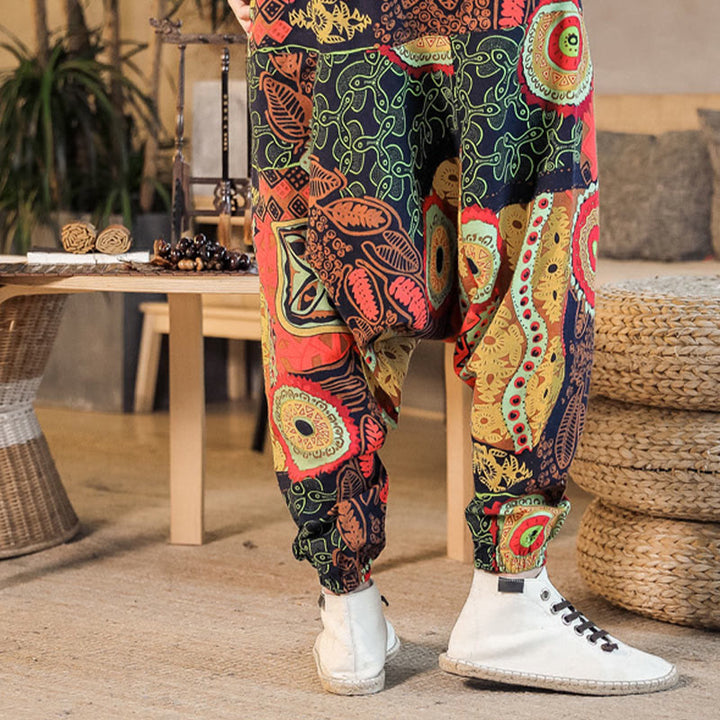 Pantalones harén de algodón con estampado de hojas en color dorado y rojo con Buddha Stones y bolsillos para hombre - image 3