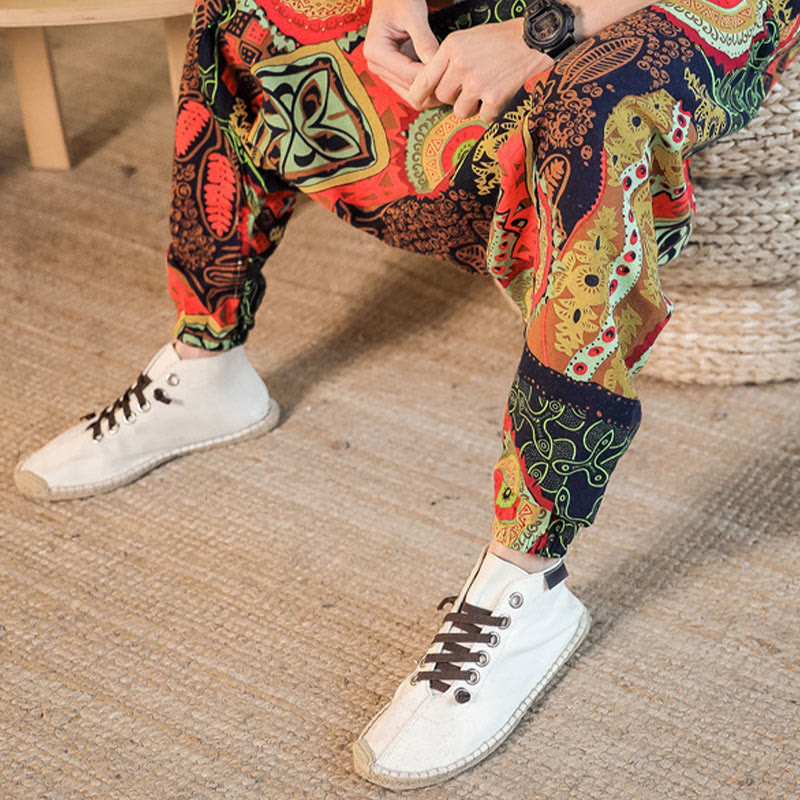 Pantalones harén de algodón con estampado de hojas en color dorado y rojo con Buddha Stones y bolsillos para hombre - image 6