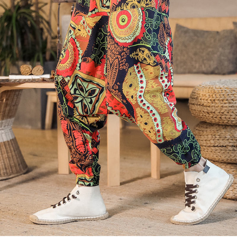 Pantalones harén de algodón con estampado de hojas en color dorado y rojo con Buddha Stones y bolsillos para hombre - image 4