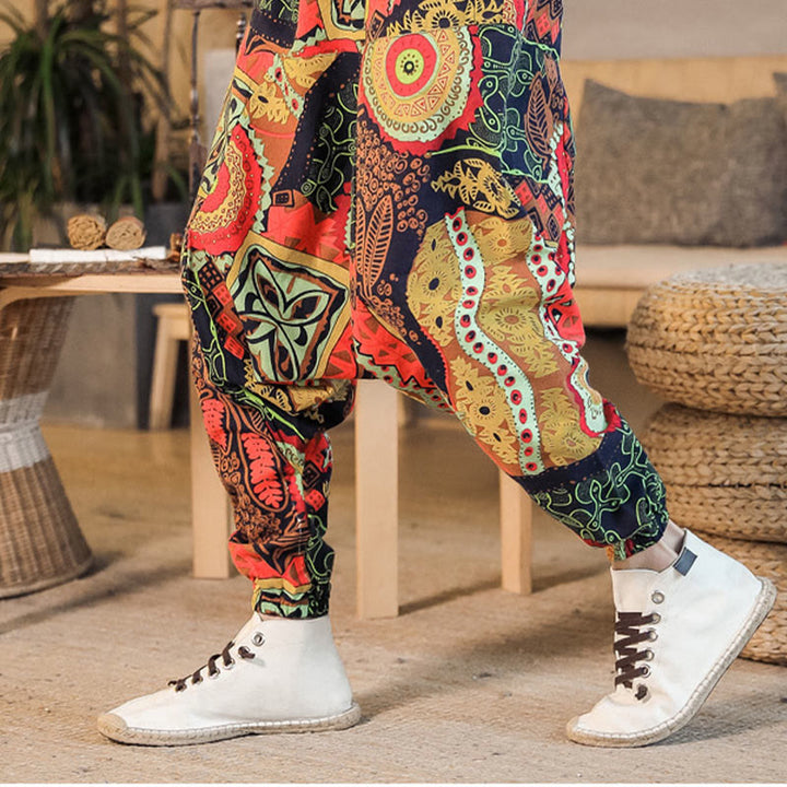 Pantalones harén de algodón con estampado de hojas en color dorado y rojo con Buddha Stones y bolsillos para hombre - image 4