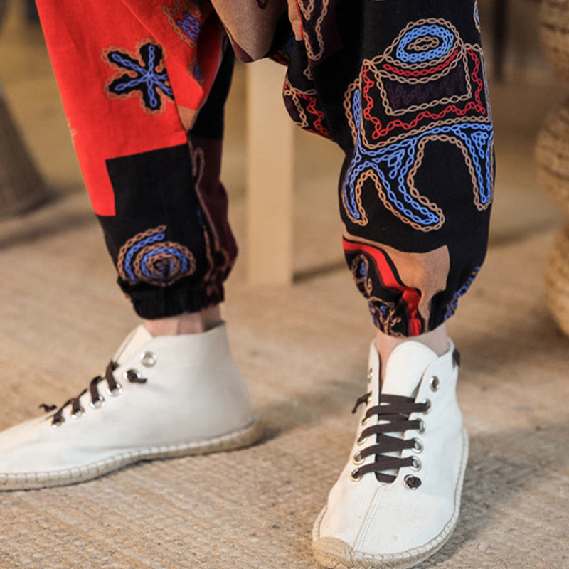 Pantalones harén de algodón con estampado de flores y cuadrícula de Buddha Stones para hombre con bolsillos - image 10