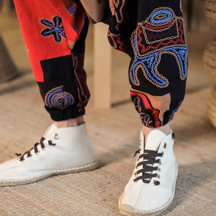 Pantalones harén de algodón con estampado de flores y cuadrícula de Buddha Stones para hombre con bolsillos - image 10