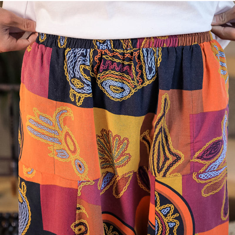 Pantalones harén de algodón con estampado de flores y cuadrícula de Buddha Stones para hombre con bolsillos