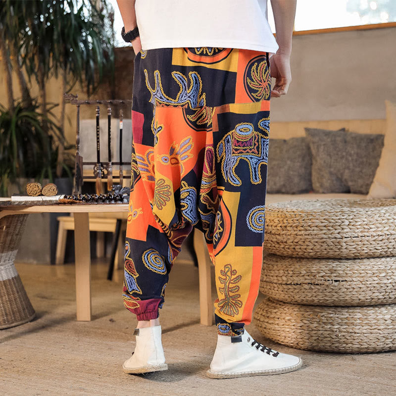 Pantalones harén de algodón con estampado de flores y cuadrícula de Buddha Stones para hombre con bolsillos - image 19