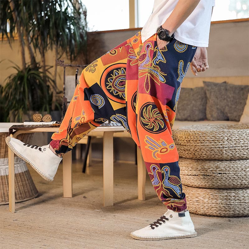 Pantalones harén de algodón con estampado de flores y cuadrícula de Buddha Stones para hombre con bolsillos