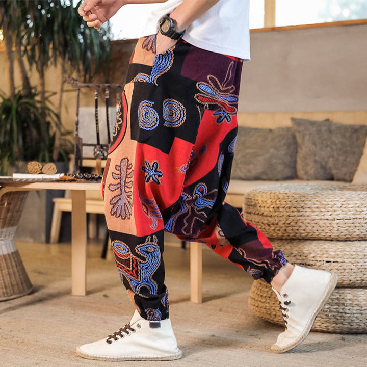 Pantalones harén de algodón con estampado de flores y cuadrícula de Buddha Stones para hombre con bolsillos - Rojo - US/UK/AU42, EU52 (3XL) - image 0