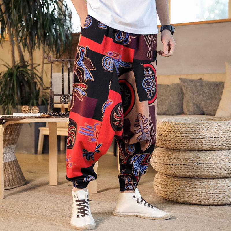 Pantalones harén de algodón con estampado de flores y cuadrícula de Buddha Stones para hombre con bolsillos - image 5