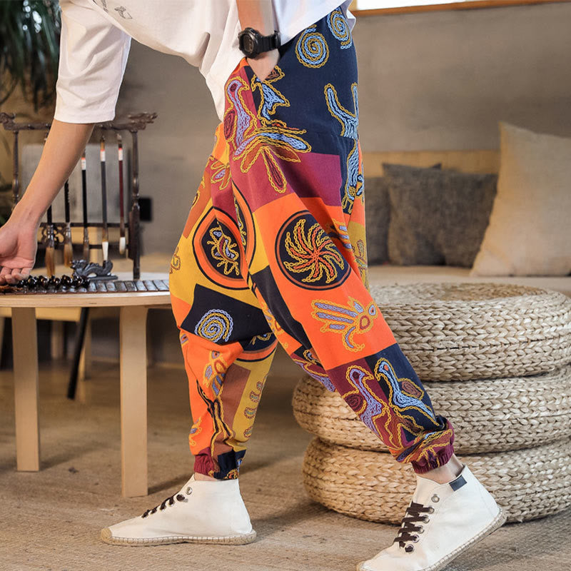 Pantalones harén de algodón con estampado de flores y cuadrícula de Buddha Stones para hombre con bolsillos - image 14