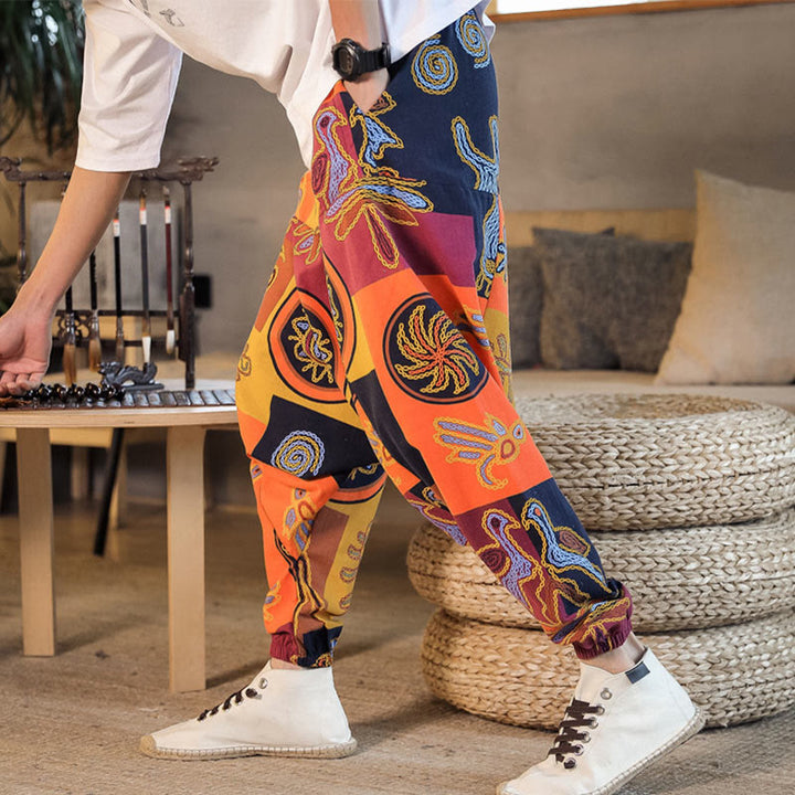 Pantalones harén de algodón con estampado de flores y cuadrícula de Buddha Stones para hombre con bolsillos - image 14