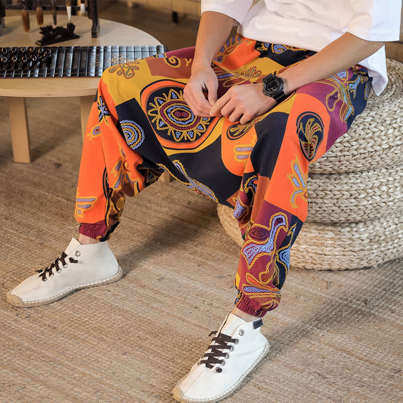 Pantalones harén de algodón con estampado de flores y cuadrícula de Buddha Stones para hombre con bolsillos - image 18
