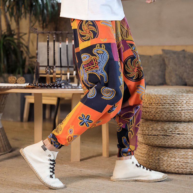 Pantalones harén de algodón con estampado de flores y cuadrícula de Buddha Stones para hombre con bolsillos - image 17