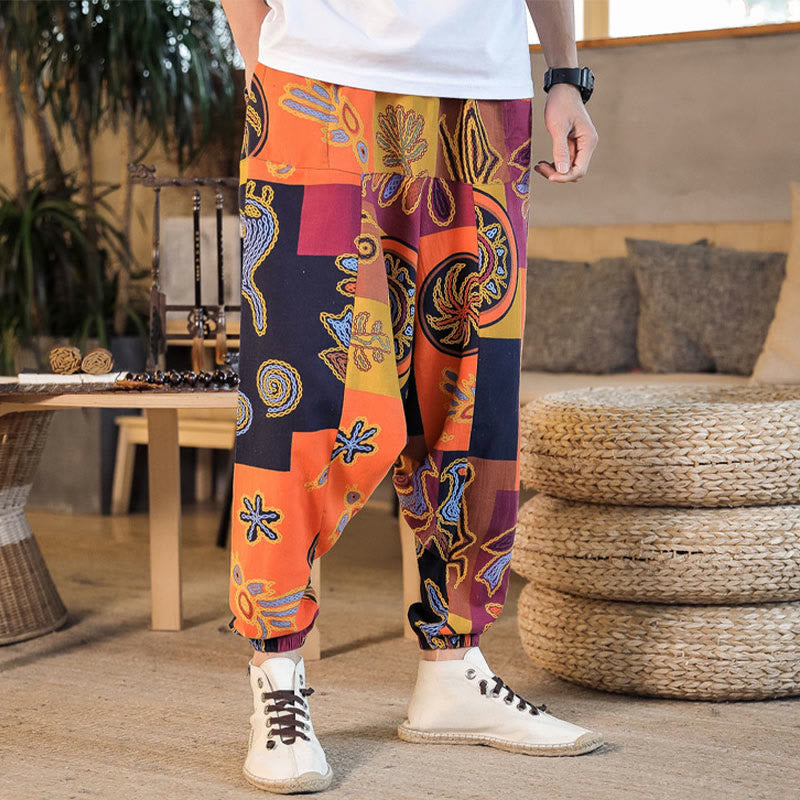 Pantalones harén de algodón con estampado de flores y cuadrícula de Buddha Stones para hombre con bolsillos