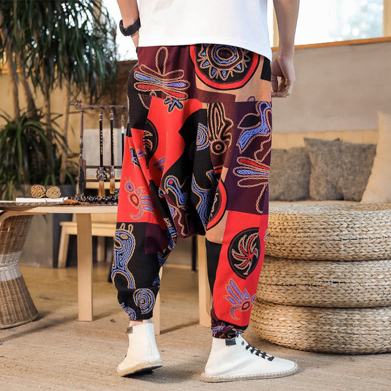 Pantalones harén de algodón con estampado de flores y cuadrícula de Buddha Stones para hombre con bolsillos