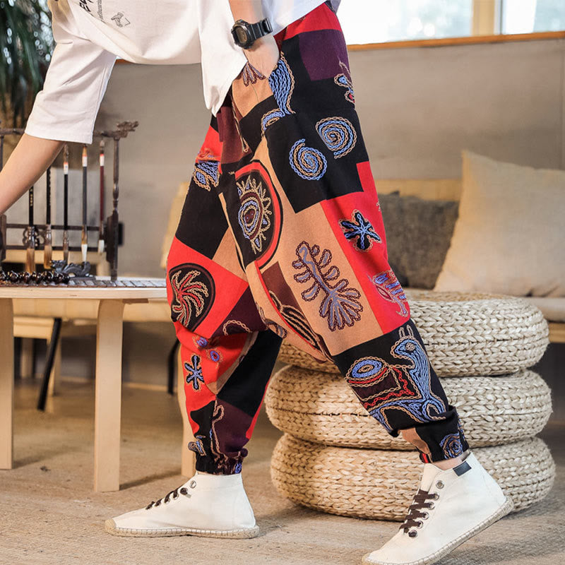 Pantalones harén de algodón con estampado de flores y cuadrícula de Buddha Stones para hombre con bolsillos