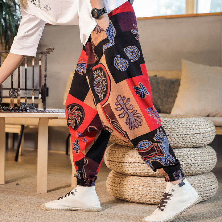 Pantalones harén de algodón con estampado de flores y cuadrícula de Buddha Stones para hombre con bolsillos