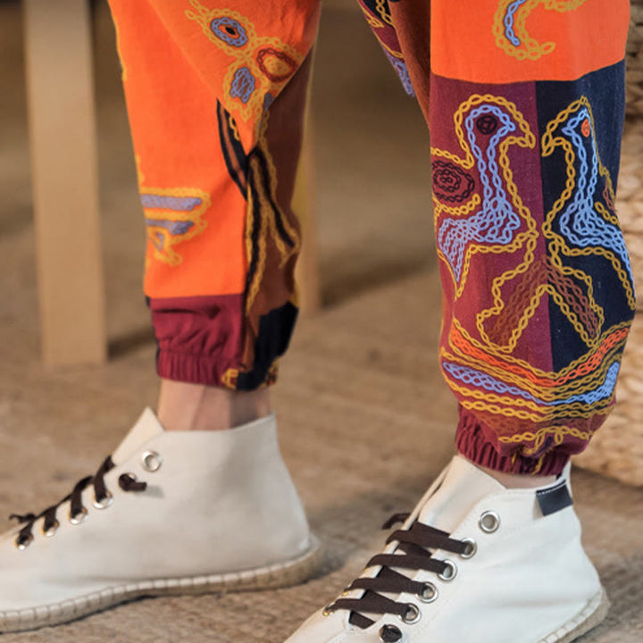 Pantalones harén de algodón con estampado de flores y cuadrícula de Buddha Stones para hombre con bolsillos