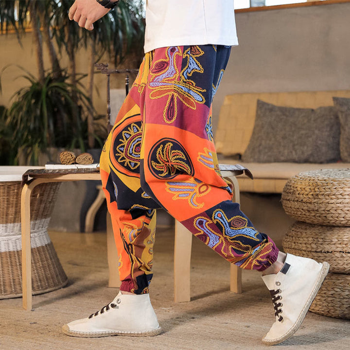 Pantalones harén de algodón con estampado de flores y cuadrícula de Buddha Stones para hombre con bolsillos - Naranja oscuro - US/UK/AU42, EU52 (3XL) - image 11