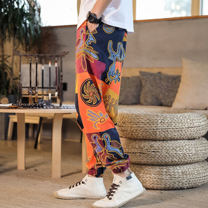 Pantalones harén de algodón con estampado de flores y cuadrícula de Buddha Stones para hombre con bolsillos - image 16