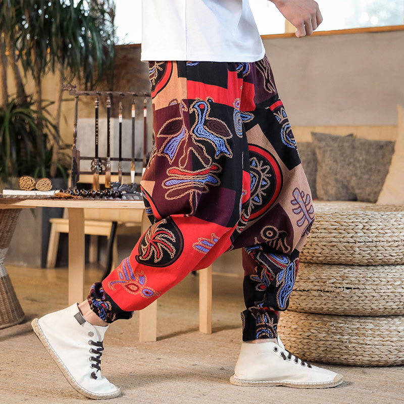 Pantalones harén de algodón con estampado de flores y cuadrícula de Buddha Stones para hombre con bolsillos
