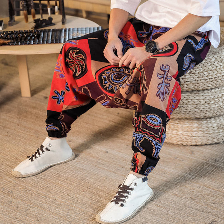 Pantalones harén de algodón con estampado de flores y cuadrícula de Buddha Stones para hombre con bolsillos - image 8