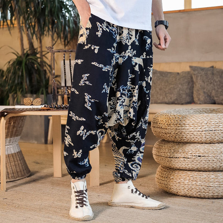 Pantalones harén de algodón con estampado de dragón chino y Buddha Stones para hombre con bolsillos - image 3