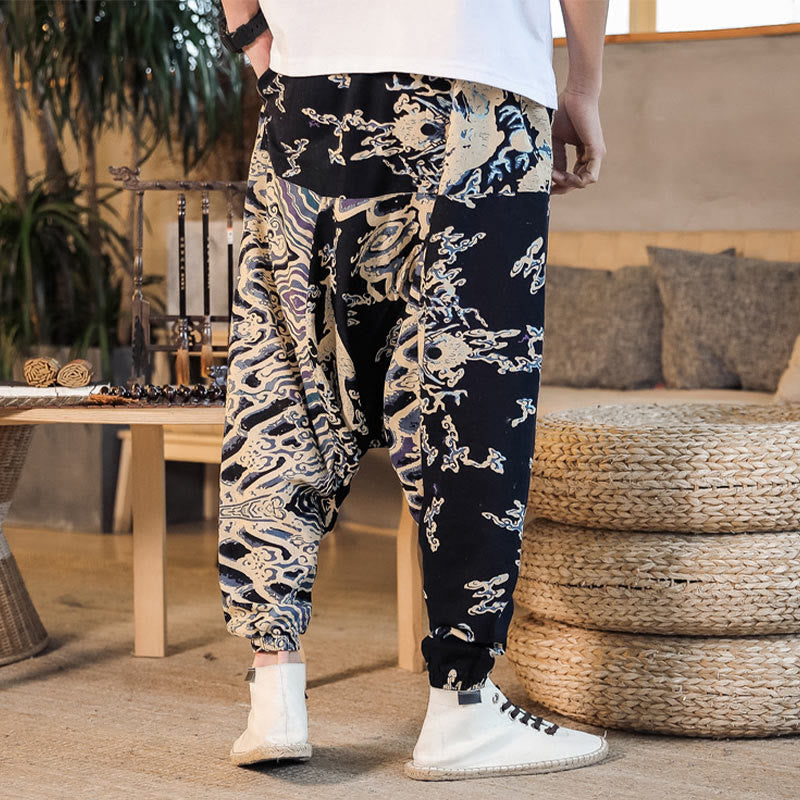 Pantalones harén de algodón con estampado de dragón chino y Buddha Stones para hombre con bolsillos - image 4