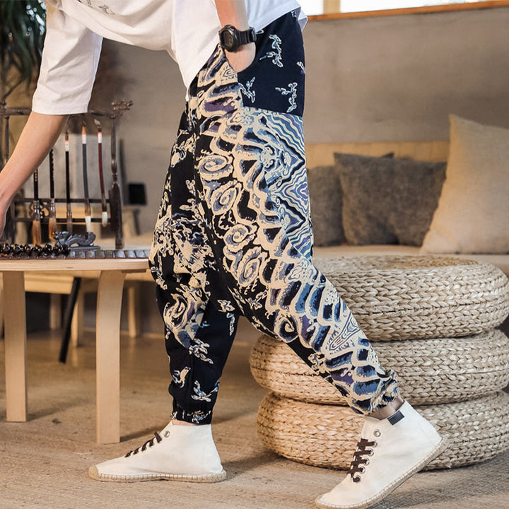 Pantalones harén de algodón con estampado de dragón chino y Buddha Stones para hombre con bolsillos - image 5