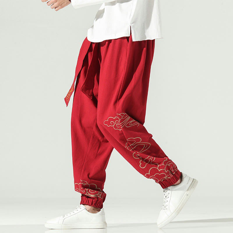 Pantalones harén de lino y algodón con cordón y bolsillos para hombre con nubes auspiciosas y Buddha Stones - image 20