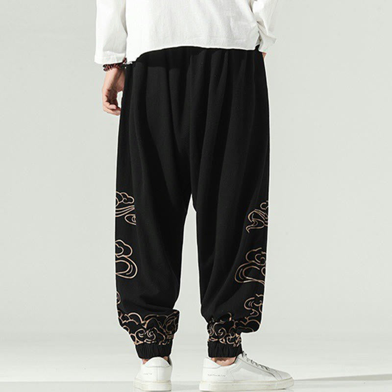 Pantalones harén de lino y algodón con cordón y bolsillos para hombre con nubes auspiciosas y Buddha Stones - image 4