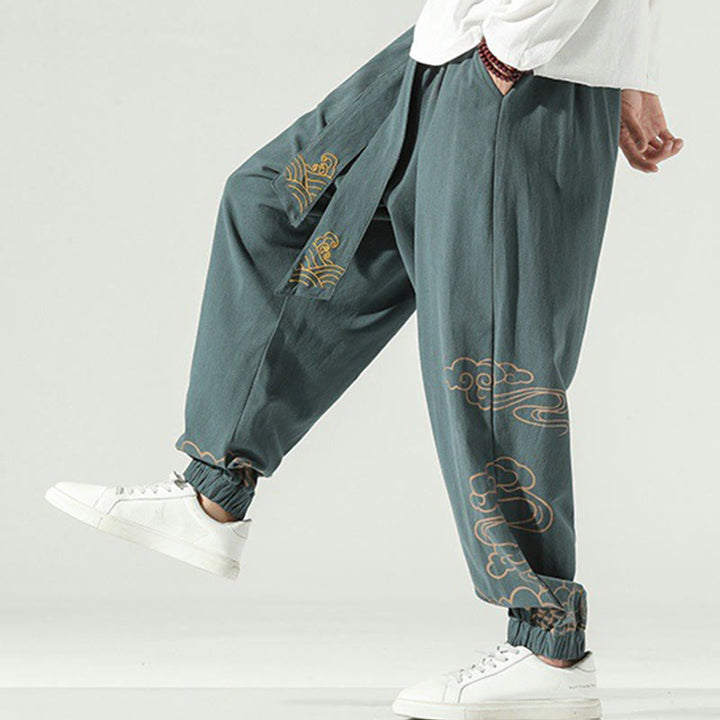 Pantalones harén de lino y algodón con cordón y bolsillos para hombre con nubes auspiciosas y Buddha Stones - image 25