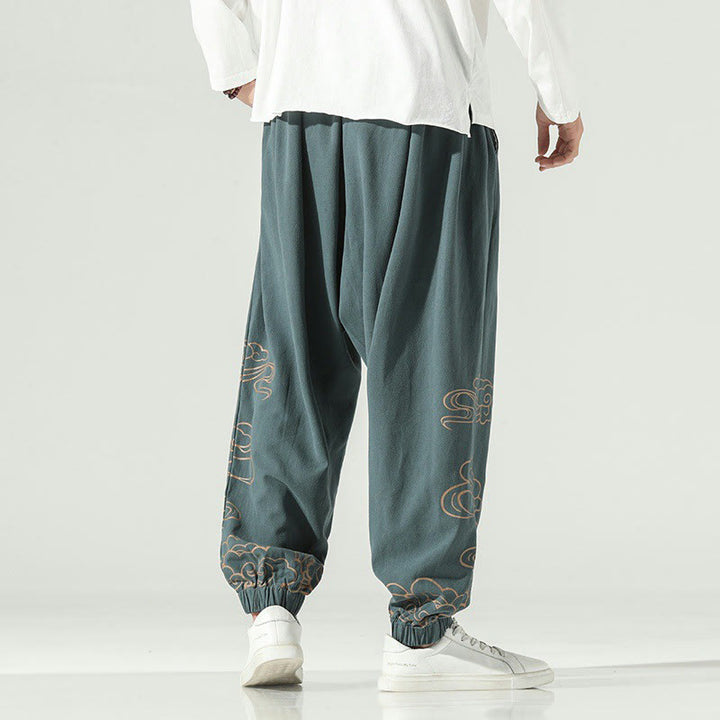 Pantalones harén de lino y algodón con cordón y bolsillos para hombre con nubes auspiciosas y Buddha Stones - image 26