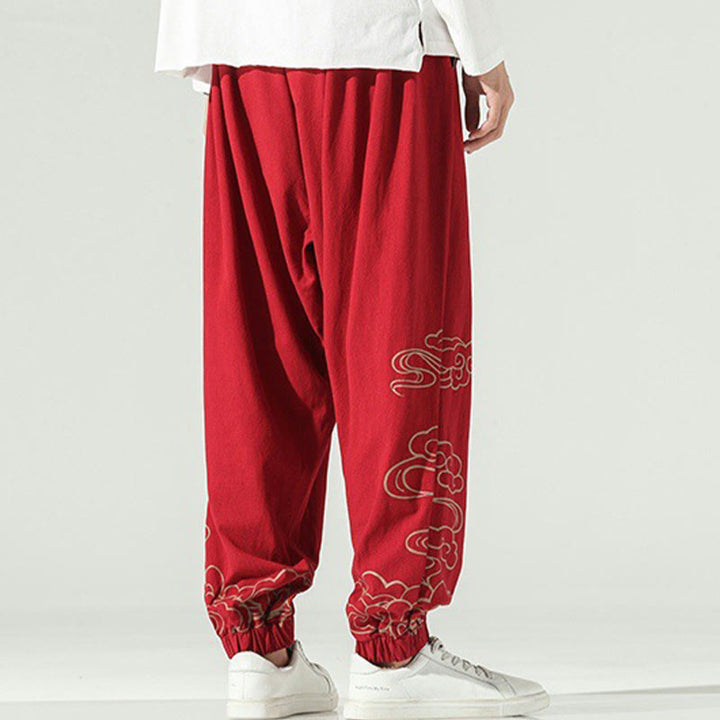 Pantalones harén de lino y algodón con cordón y bolsillos para hombre con nubes auspiciosas y Buddha Stones - image 18