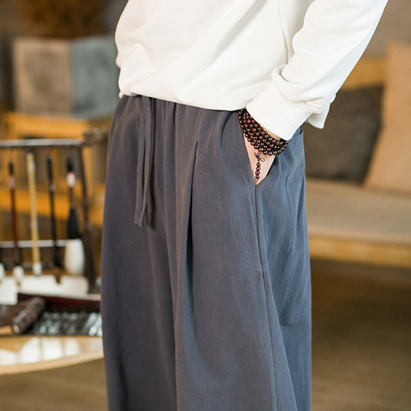 Pantalones harén de lino y algodón de color liso con cordón y bolsillos para hombre con Buddha Stones - image 38
