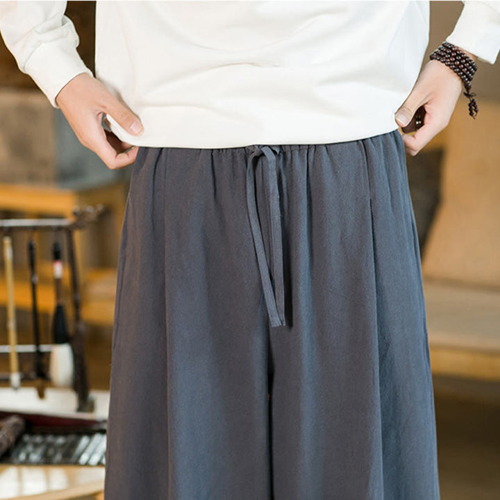 Pantalones harén de lino y algodón de color liso con cordón y bolsillos para hombre con Buddha Stones - image 37