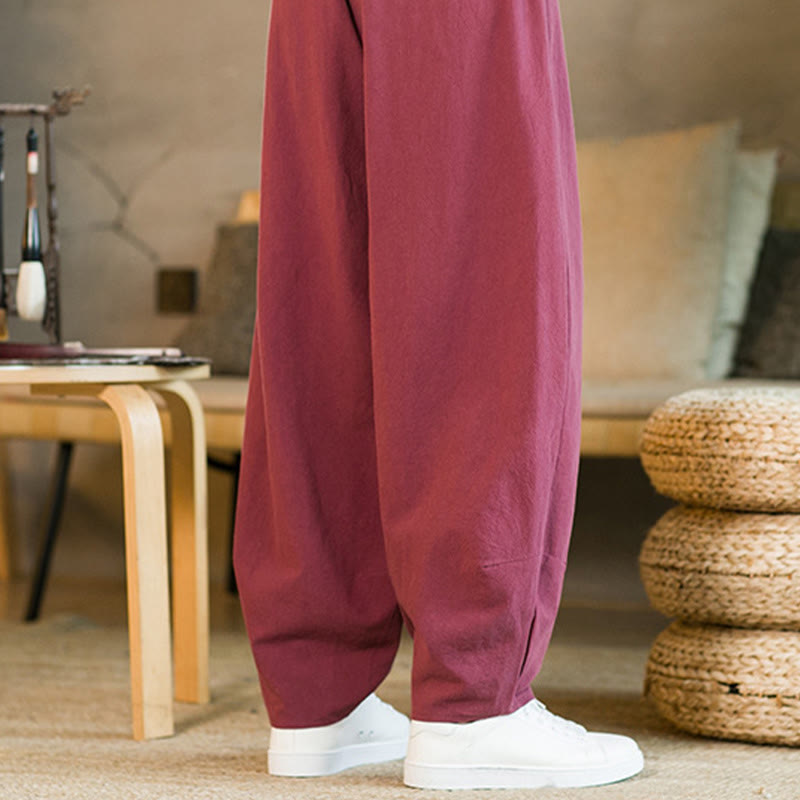 Pantalones harén de lino y algodón de color liso con cordón y bolsillos para hombre con Buddha Stones - image 10