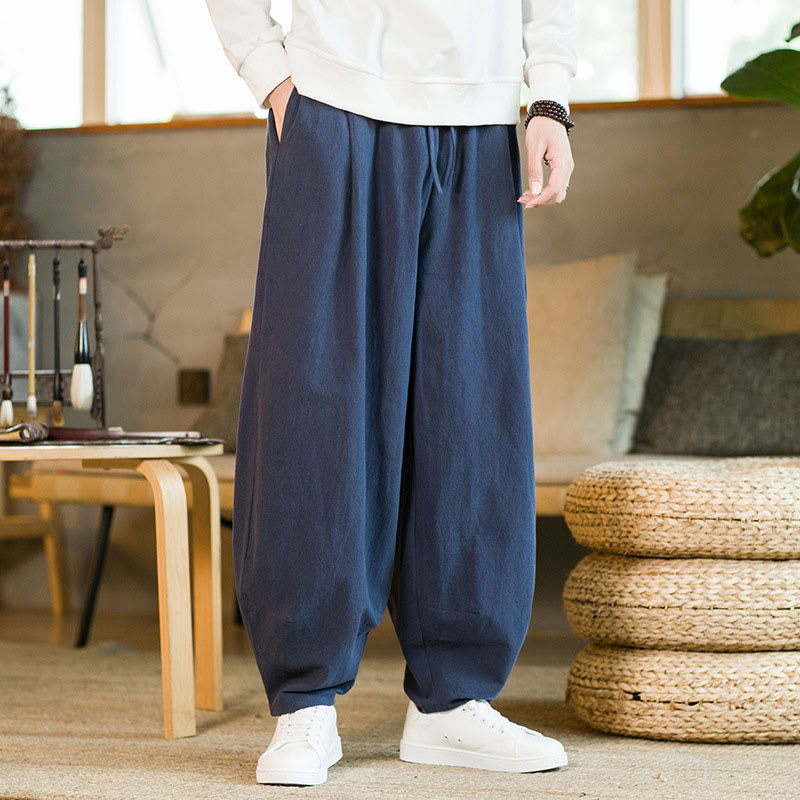 Pantalones harem para hombre con cordón ajustable y bolsillos, estampado de Buddha Stones, color liso. - Azul oscuro - US/UK/AU46, EU56 (5XL) - image 0