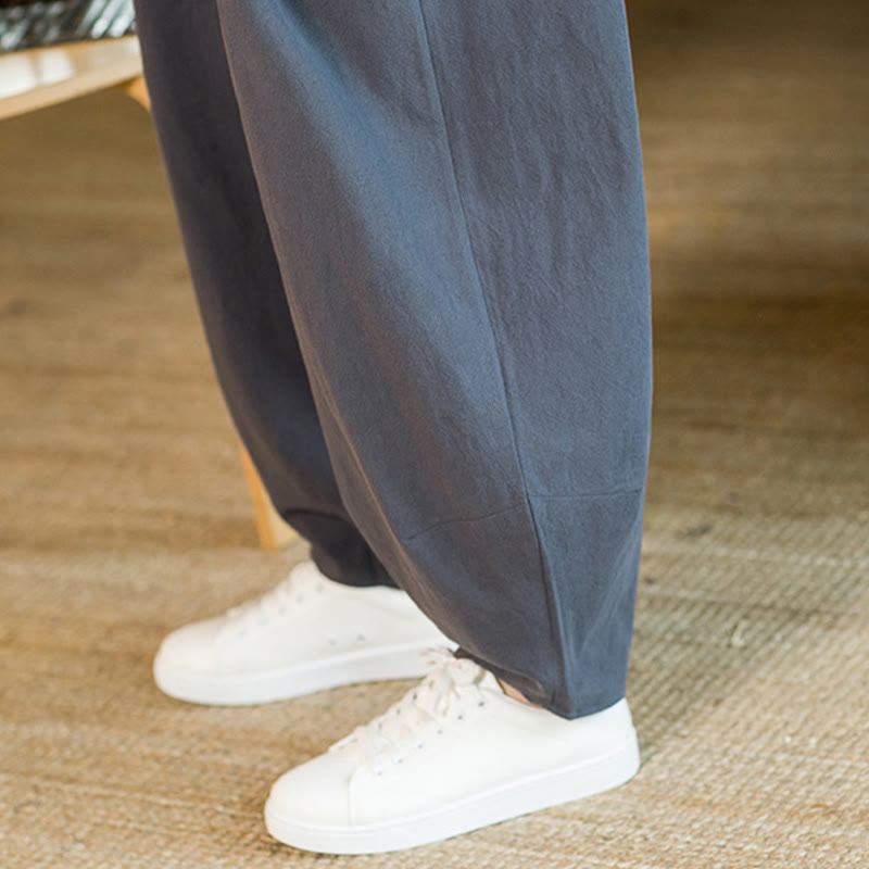 Pantalones harén de lino y algodón de color liso con cordón y bolsillos para hombre con Buddha Stones - image 40